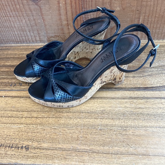 Black Franco Sarto’s in size 7.5 leather upper with cork wedge heels. - Picture 3 of 8